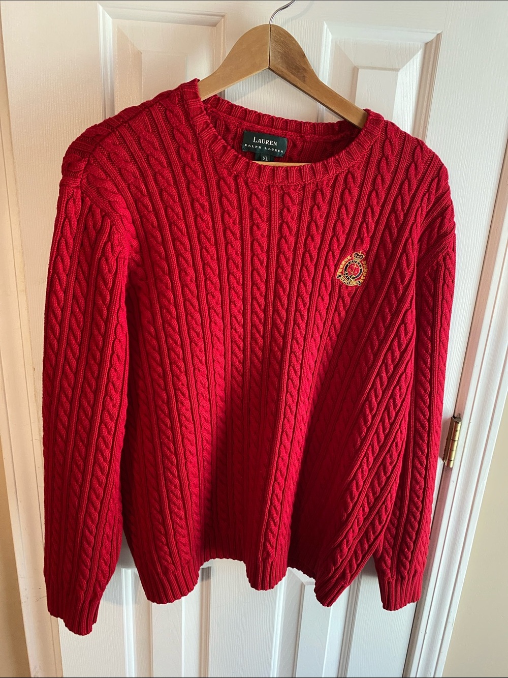 Lauren Ralph Lauren Red XL Cable-Knit Crewneck Sweater with Crest Emblem